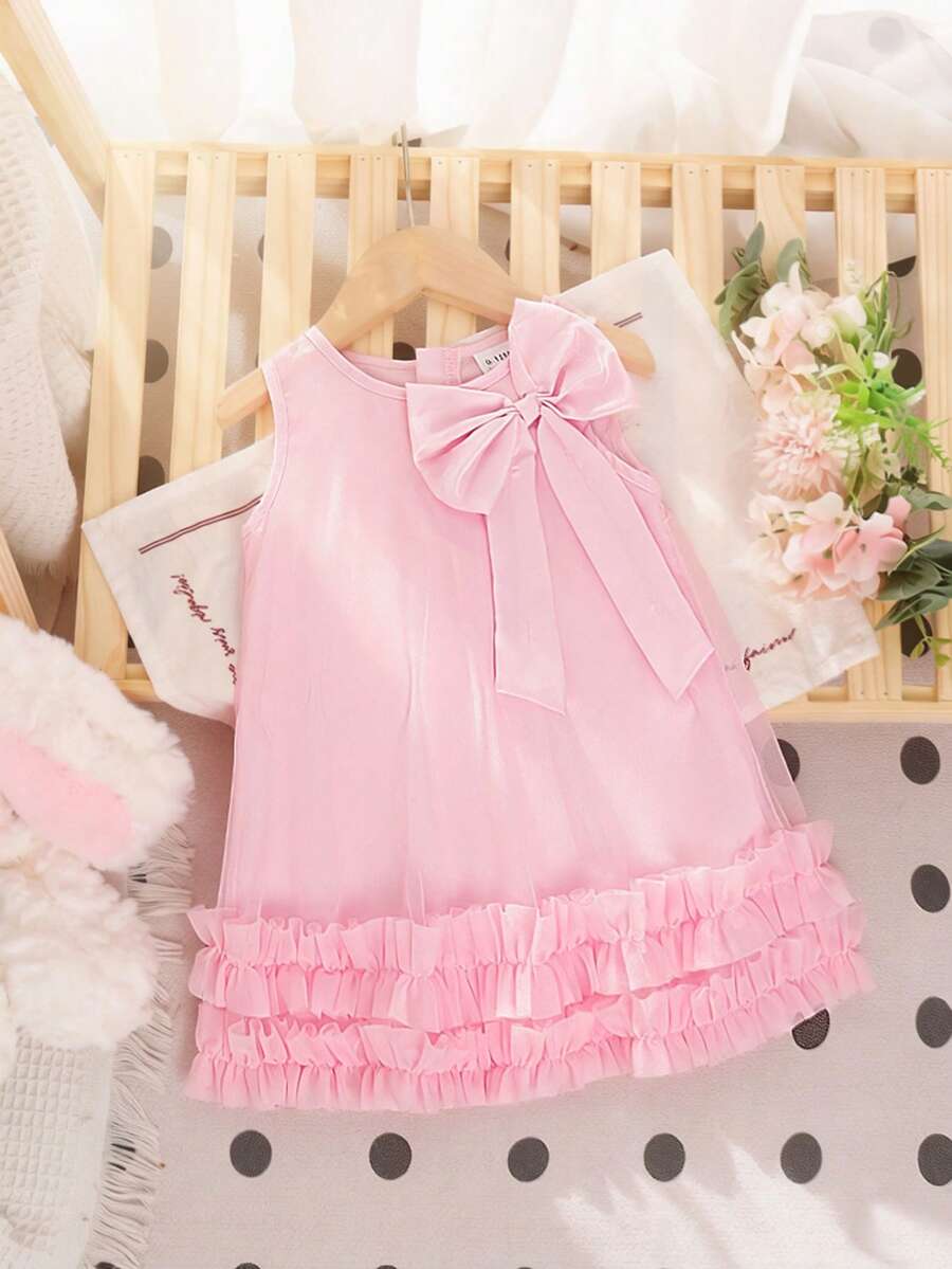 1pc Baby Girls Bowknot & Mesh Ruffle Round Neck Sleeveless A-Line Dress, Lightweight For Summer - Baby Pink - View 1