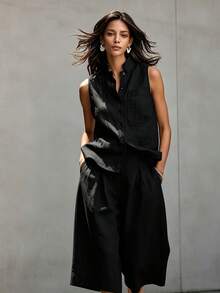 New 2026 Two Piece European Style Set Sleeveless Vest Cotton Linen - Black - View 1
