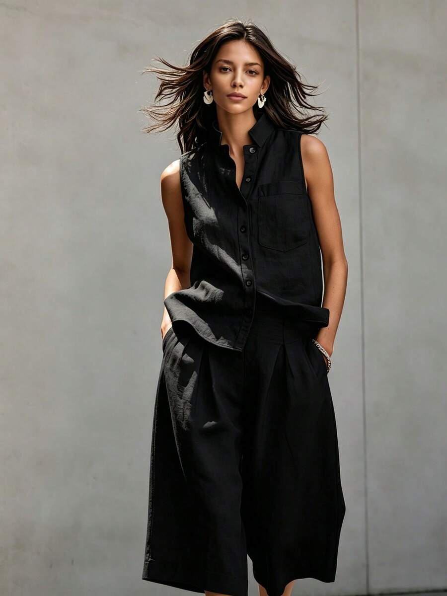New 2026 Two Piece European Style Set Sleeveless Vest Cotton Linen - Black - View 1