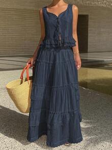 2 piezas Conjunto de mujer de camiseta de tirantes con encaje y falda midi de unicolor, elegante conjunto de vacaciones, conjunto de salón de otoño para mujer - Azul - Ver 6