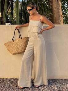 Conjunto de 2 piezas de top de tirantes con volantes y pantalones sueltos casuales de verano para mujer - Beis - Ver 7