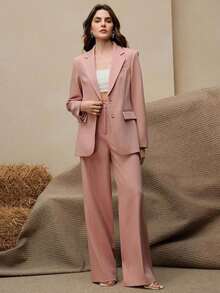 Set de traje de 2 piezas para mujer, Blazer multicolor + Pantalón de pierna recta - Rosa - Ver 3