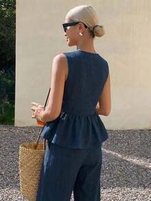 Conjunto de 2 piezas de top de tirantes finos a rayas y pantalones casuales para mujer, conjunto de ropa de estar en casa de verano - Azul marino 3 - Ver 5