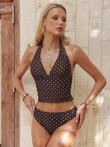 Top ajustado sin mangas con tirantes finos, escote en V y estampado de lunares, un top de bikini de verano a la moda - Multicolor - Ver 3