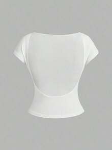 4 piezas Camisetas de mujer de cuello redondo, ajustadas, con espalda descubierta y diseño minimalista de patrones, adecuadas para el verano - Multicolor - Ver 3