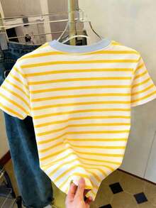 Camiseta de mujer con paneles de imitación de denim a rayas / Estampado de Dachshund / Uso diario casual / Verano - Multicolor 6 - Ver 2