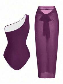 Conjunto de traje de baño de una pieza sin mangas de unicolor con falda pareo para mujer - Morado - Ver 2