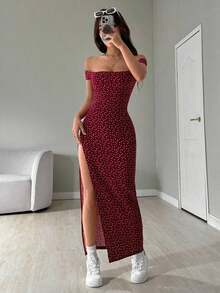 Vestido largo con abertura lateral y estampado completo, hombros descubiertos para mujeres - Rojo - Ver 7