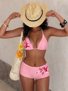 Traje de baño con estampado floral de moda: Top de bikini tipo camiseta con estampado de loto negro + Bottom de traje de baño de talle alto - Conjunto de traje de baño elegante y cómodo para vacaciones de verano, playa y uso en resort en color rojo - Rosa - Ver 1