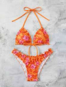 Conjunto de bikini de dos piezas con estampado de lunares, camiseta con lazo sexy y traje de baño para vacaciones en la playa para mujer - Naranja - Ver 5