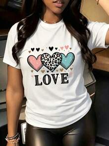 2026 Women's Cotton T-Shirt Casual Quality Oversized Plus Size T-Shirt With Heart And Leopard Print - Chic Casual Clothing For Women Basic Unisex T-Shirt - 白色-4 - 查看 2