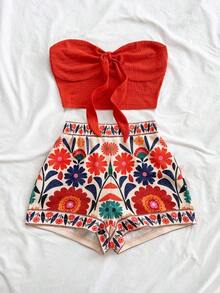 Conjunto informal de 2 piezas de top tubo corto anudado de unicolor y shorts con estampado floral para vacaciones de mujer - Multicolor 4 - Ver 5