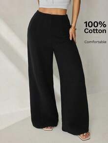 Pantalones anchos de cintura alta con textura, moda casual sencilla para la temporada de vuelta al colegio, estilo de dinero viejo para ir y venir - Negro - Ver 5