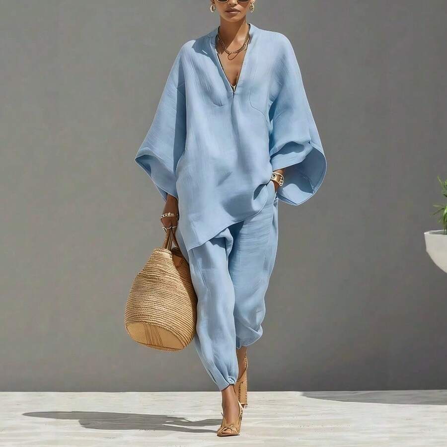 Women's Plus Size Summer Outfit, Simple And Modern Design, Casual Beach Vacation Fashion, Comfortable And Cool Outfit For Sunny Days, Feminine And Elegant Look - 天藍色 - 查看 1