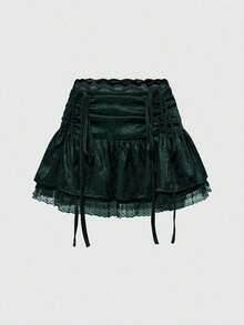 Goth Minifalda estilo gótico de satén con jacquard, cintura plisada con terminación de encaje, incluye ropa interior para mujer - Verde Oscuro - Ver 9