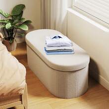 Plush Storage Ottoman Stool 70cm Foldable Pouf Seat with Hidden Storage Soft Fabric Bench Cream /White - 白色 - 查看 9