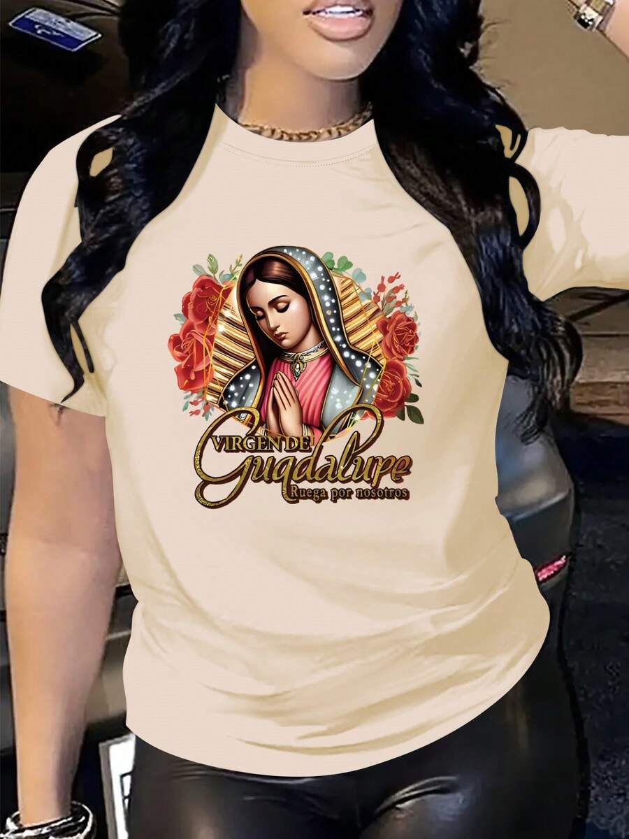 Women's Casual Crew Neck T-Shirt - Vibrant Print With Our Lady Of Guadalupe And Spanish Lettering, Machine Washable, Comfortable Fit For All Seasons, Ideal For Carnival, Mother's Day And Valentine's Day, Women's T-Shirts, Festive Clothing, Floral Print T-Shirt, Detailed Print T-Shirt - 白色 - 查看 1
