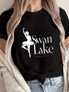 Camiseta con estampado de silueta de bailarina de ballet de Lago de los Cisnes, top casual de manga corta y cuello redondo, ropa de primavera/verano para mujer. - Negro - Ver 7