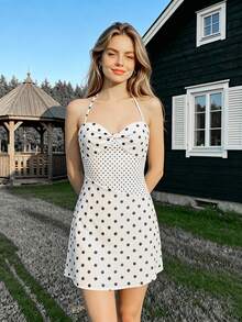 Women's Halter Neck Mini Dress Summer Fashionable Dot Print Sleeveless Backless Spaghetti Strap Dress - Blanco - Ver 5