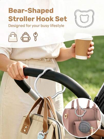 1Set Bear-Shaped Stroller Hooks For Hanging Diaper Bags, Small Hook For Holding Pacifier Case, Large Carabiner Clips For Mummy Bags And Stroller Accessories Organizer Hooks, Designed For Busy Parents On The Go, All-Season Use