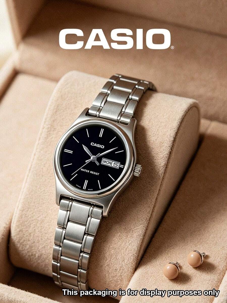 Casio 女士简约圆形石英模拟腕表,黑色表盘,银色不锈钢表带,条形刻度显示日期和星期,防水,优雅时尚,适合日常办公佩戴。 - 銀色 - 查看 1