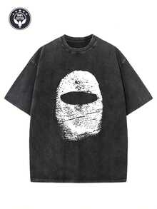 Camiseta con estampado creativo de huellas dactilares tipo balaclava, de algodón puro de alto gramaje, de corte holgado y hombros caídos, camiseta lavada, camiseta vintage de estilo urbano para hombre, camiseta básica, corte holgado, estilo hip-hop, unisex, camiseta con efecto lavado ácido. - Negro - Ver 7