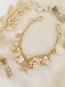Accessoires thème océan d'été, décorations style bohème en coquillage doré et étoile de mer, pendentif de perle et corail de luxe, porte-clés style océan pour les vacances - Multicolore - Voir 5