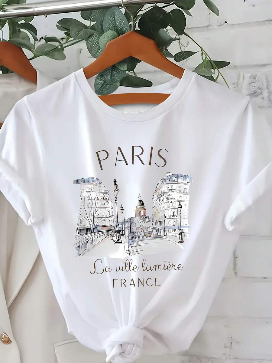 Camiseta con estampado de París, top casual de manga corta y cuello redondo para verano y primavera, ropa de mujer. - Blanco - Ver 1