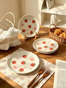 Cabin Kangaroo 1pc/2pcs/4pcs Cute Strawberry Print Ceramic Plates, Aesthetic Flower Dinner Plates, Kawaii Dessert/Snack/Salad Plates, Lovely Tableware For Home Kitchen, Perfect For Breakfast & Party - Multicolor - View 2
