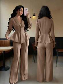 Elenzya Traje elegante que afina la cintura, pantalones acampanados y estilizadores para uso diario, adecuado para vacaciones, citas, Día de la Independencia, atuendo de maestra - Caqui - Ver 8