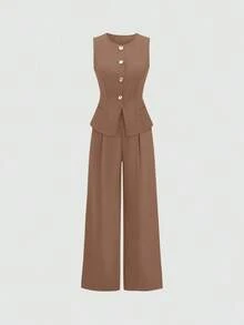 Sweetro Conjunto a juego de chaleco negro de una hilera y pantalones de pierna ancha con fruncidos - Marrón - Ver 3