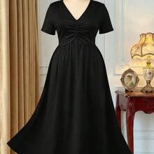 Rometta Elegant Casual V-Neck Pleated Design Short Sleeve Knit Plus Size Women Dress, New Arrival - Burdeos - Ver 6