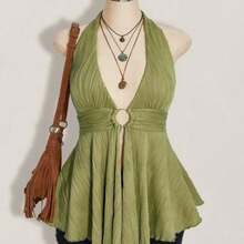 ICON Plus Size Y2K Style Hollow Out Asymmetrical Hem Babydoll Halter Neck Knit Camisole, Summer Tops - Verde Oliva - Ver 1
