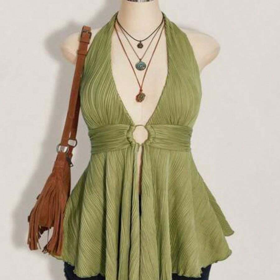 ICON Plus Size Y2K Style Hollow Out Asymmetrical Hem Babydoll Halter Neck Knit Camisole, Summer Tops - Verde Oliva - Ver 1