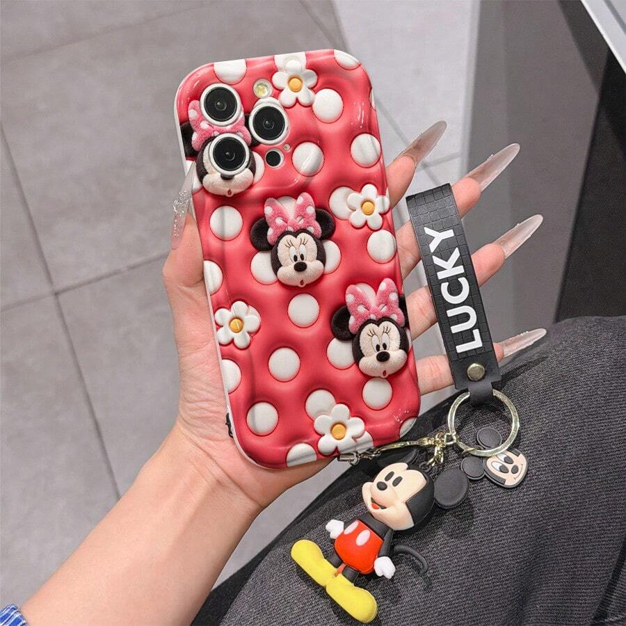 Disney Mickey Mouse Clubhouse Phone Case : 3D Fluffy Pattern Border Protector Phone Soft Phone Case With A Free Cute Mickey Bracelet Chain Lanyard, Mickey, Minnie, Goofy, Donald Duck, Daisy Duck, Pluto, For Apple 17 Promax 17 Pro 16 15 14 13 12 11 Pro Max XS Max X XR Soft Cover Summer Phone Case - trắng - Xem 1