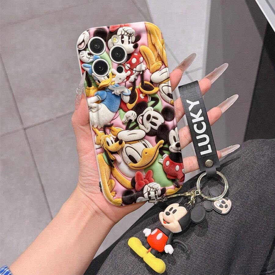Disney Mickey Mouse Clubhouse Phone Case : 3D Fluffy Pattern Border Protector Phone Soft Phone Case With A Free Cute Mickey Bracelet Chain Lanyard, Mickey, Minnie, Goofy, Donald Duck, Daisy Duck, Pluto, For Apple 17 Promax 17 Pro 16 15 14 13 12 11 Pro Max XS Max X XR Soft Cover Summer Phone Case - 白色 - 查看 1