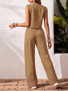 Frenchy Set de 2 piezas para mujer de top sin mangas y pantalones de estilo casual con un solo botón, para verano - Camel - Ver 2