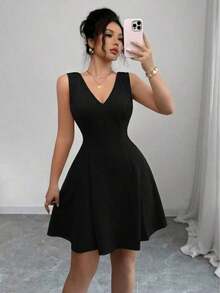 Vestido elegante y sexy de color borgoña con cuello en V, espalda descubierta, ajustado con vuelo en el bajo, sin mangas y con detalle de lazo.Adecuado para el Día de la Independencia y días festivos - Negro - Ver 5