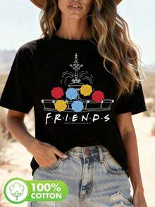 Diseño simple y versátil: camiseta casual de manga corta para mujer, estampada con un diseño de paraguas y el logotipo de la serie "Friends" - camiseta blanca semitransparente, adecuada para usar en primavera y verano (lavable a máquina), camiseta de puro algodón. - Negro - Ver 7
