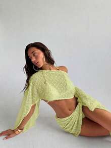 Conjunto de 2 piezas de mujer para primavera/verano con textura de jacquard, blusa tipo chal y minifalda de estilo envolvente, ropa de playa/resort para mujer - Verde - Ver 6