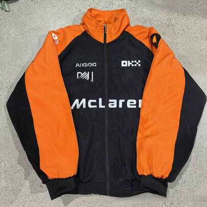 Motorsport-Inspired Color Block Bomber Jacket, Embroidered Racing Windbreaker, Casual Zip-Up Jacket For Fans