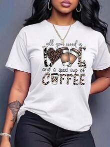 Camiseta Casual para Mujer con Estampado de Amante del Café, Manga Corta, Cuello Redondo, Poliéster con Detalles de Estampado de Leopardo, Top de Longitud Regular para Estilo Diario - Blanco - Ver 3