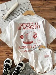 [Double-Sided Print] Vintage Spaghetti Cocktail Pattern T-Shirt, Sketch And Letter Print, Women's Casual Round Neck Top, Spring Outfit, Cotton T-Shirt, Summer T-Shirt. - White - View 7