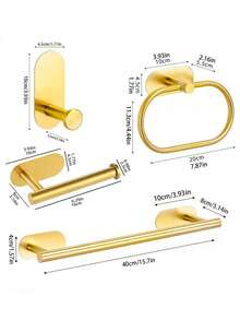 Bộ 5 món giá treo khăn tắm bằng thép không gỉ, bao gồm giá treo khăn, giá đựng giấy vệ sinh và móc treo khăn, gắn tường, phù hợp cho phòng tắm và nhà bếp. - Đáy vuông không cần đinh - Xem 5