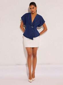 Denim Blusa de mezclilla de manga de murciélago con un solo botón de moda para mujer, de verano - Azul marino - Ver 8