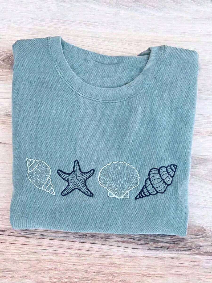 Envío gratis, entrega local enéxico, entrega en 4 días.Sudadera cálida con bordado de conchas, suéter de cuello redondo con estampado de océano, sudadera con bordado de islas, suéter de cuello redondo, suéter de verano, surf. - Azul - Ver 1