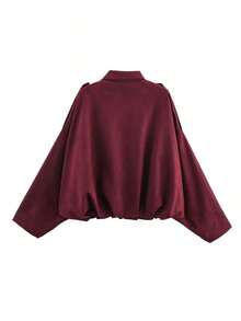 Chaqueta bomber de ante de moda para mujer SHIBASHAN, chaqueta exterior holgada con cremallera, de manga larga y cuello vintage - Burdeos - Ver 3