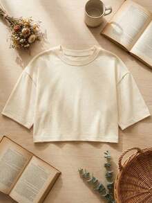 Blusa de mujer de cuello redondo, manga corta, holgada y casual, de estilo minimalista, elegante y sexy Y2K, adecuada para uso diario, oficina, hogar, exterior, primavera/verano - Albaricoque - Ver 2