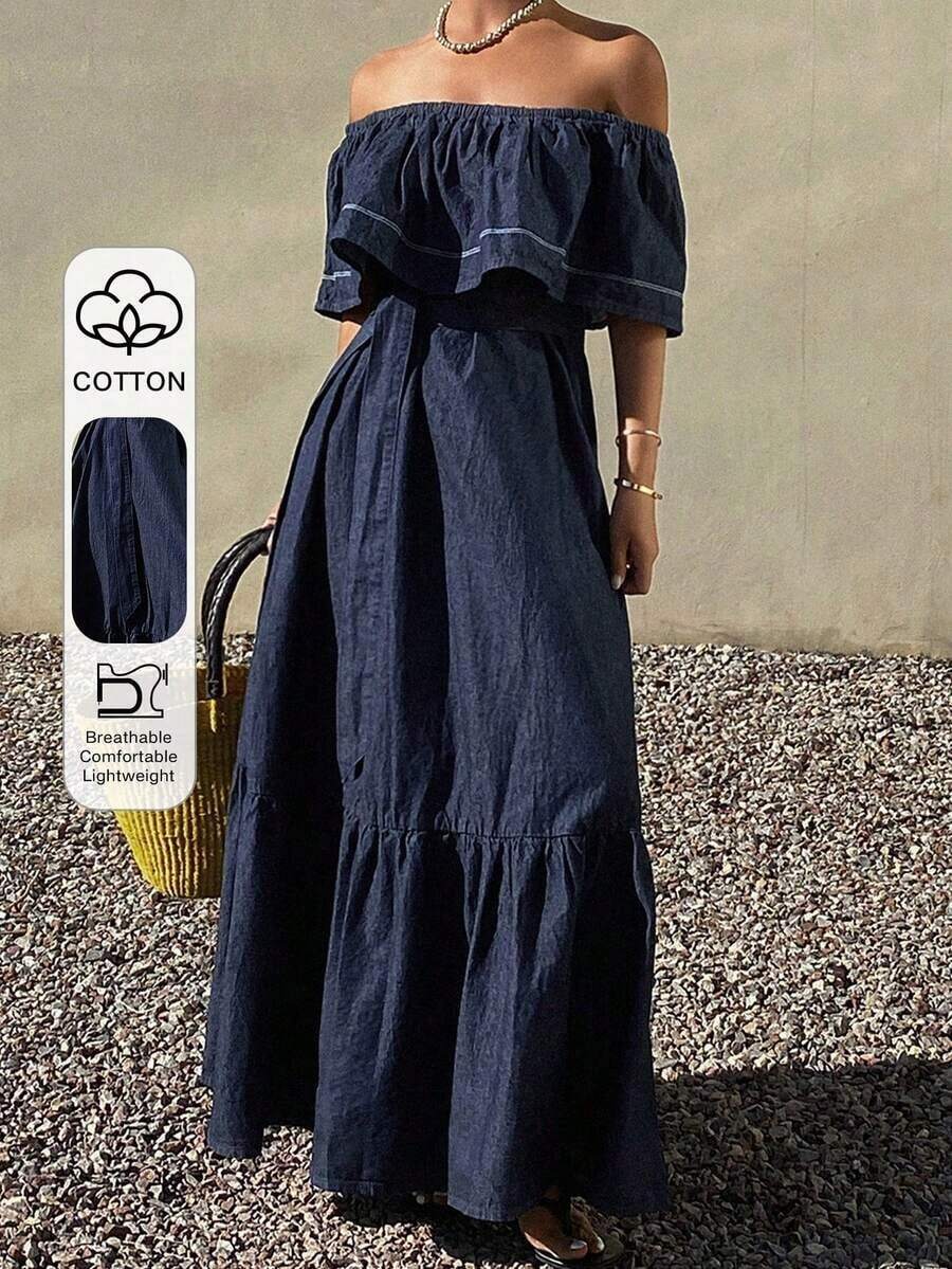 Vestido largo y súper holgado de mujer, vestido de mezclilla lavada de estilo vacacional - Azul lavado oscuro - Ver 1