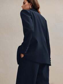Conjunto de traje de mujer, blazer de unicolor estilo vintage + pantalones rectos, 2 piezas - Azul marino - Ver 2